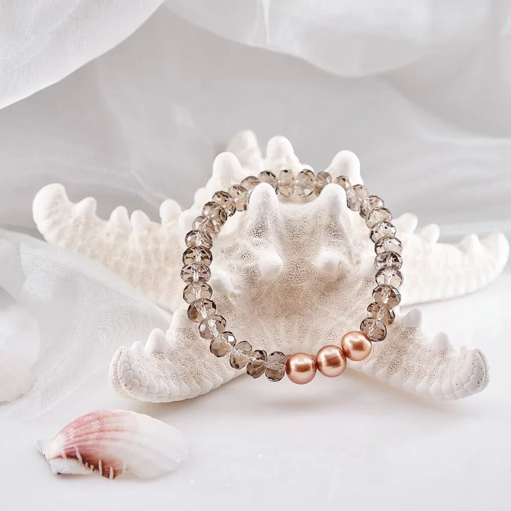 Smoky Quartz Bracelet w/Gold Pearls, Dainty Genuine Gemstone Stretch Bracelet